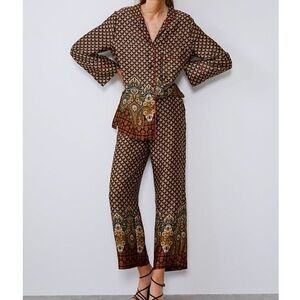 Zara Set 2 Piece Pants & Shirt Silky Matching Print Flowy Size S